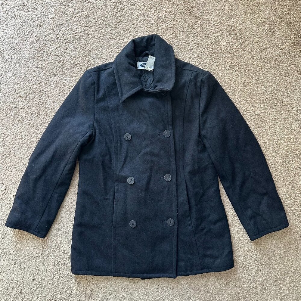 Old Navy Coat Womens Medium Button Up Long Sleeve Black Collared Wool Blend